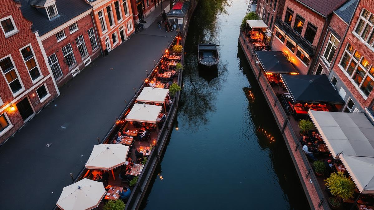 Canal-side restaurant terraces in Utrecht with warm evening lighting