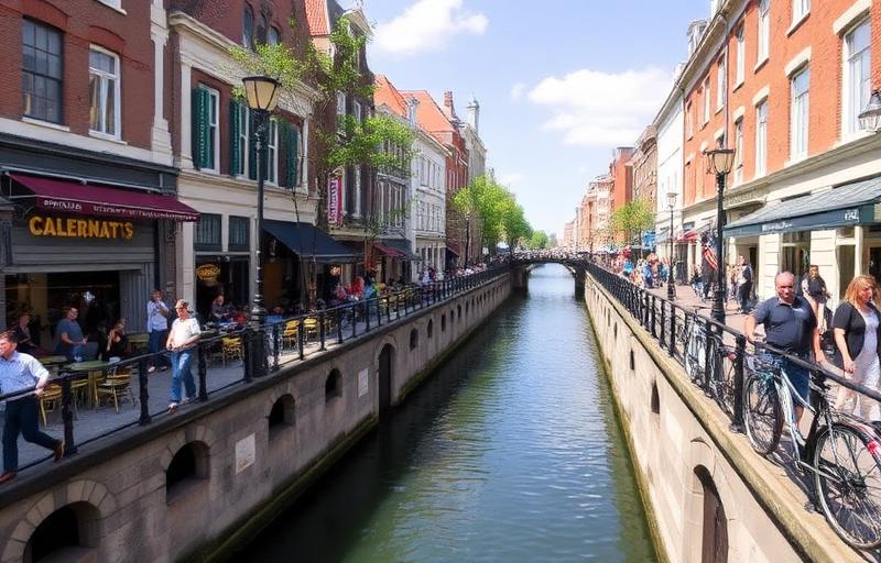People walking along the Oudegracht canal in Utrecht on a sunny day