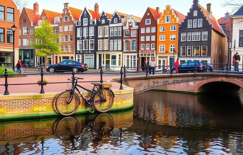 Utrecht canal with colourful buildings and bicycles reflecting in the water