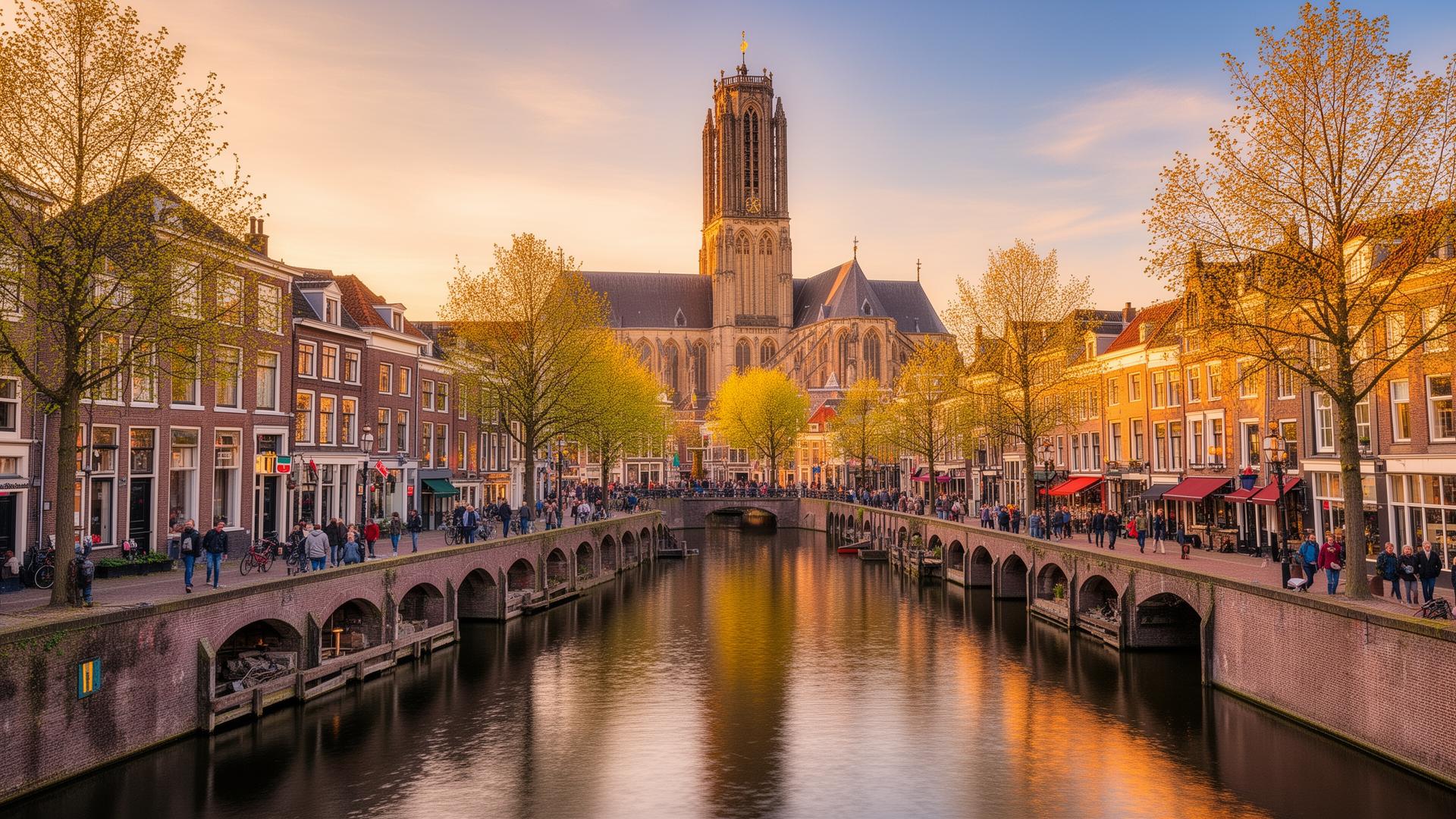 The Oudegracht canal in Utrecht at sunset